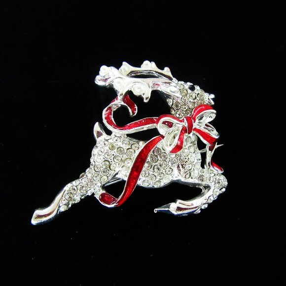 Christmas Reindeer brooch with pave clear crystal rhinestones & red enamel bow - Picture 2 of 5